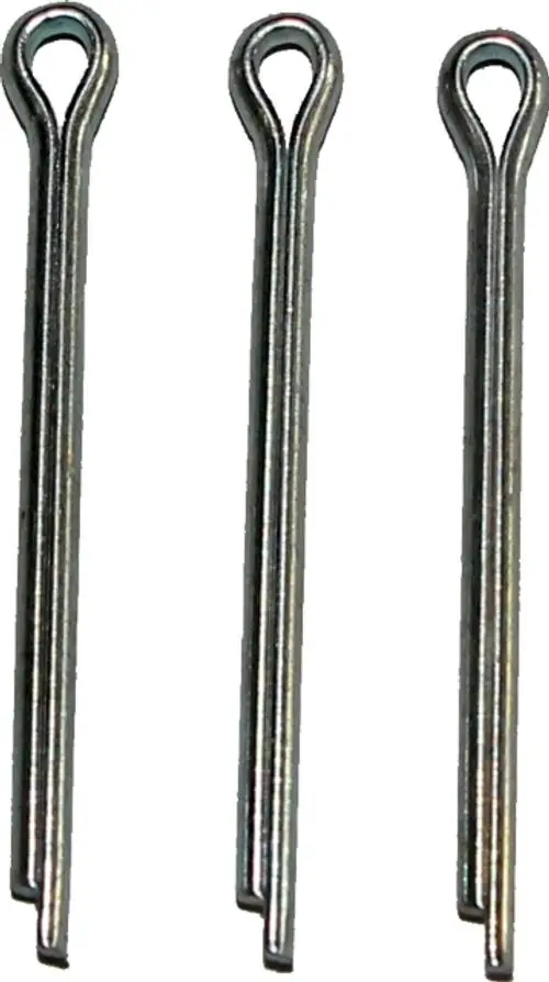 Drei verzinkte Sicherungssplinte in gerader Form mit Schlaufe, geeignet für diverse Anwendungen, unter anderem im Bereich von Wolf Produkten.